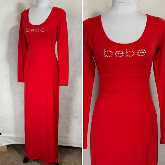 Bebe Long Sleeve Knit Maxi Dress Small Red Swarovski Crystal Rhinestone Logo USA - Picture 5 of 16